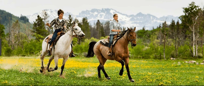 Confident plus-size woman riding Wigan a horse through a field with a smile on her face.